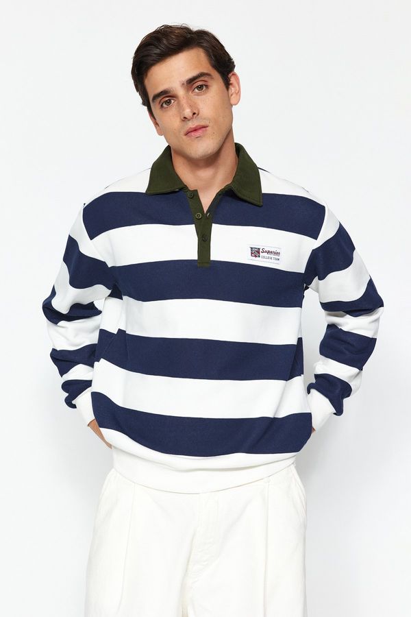 Trendyol Trendyol Navy Blue Regular/Normal Cut Polo Collar Striped Fleece Inside/Warm Sweatshirt