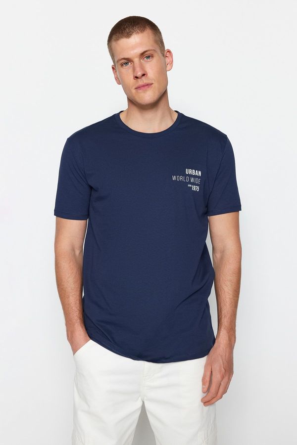 Trendyol Trendyol Navy Blue Regular/Normal Cut Text Printed Crew Neck 100% Cotton T-Shirt