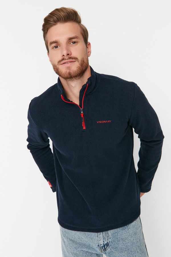Trendyol Trendyol Navy Blue Regular/Normal Cut Zippered Stand Collar Embroidered Label Thick Sweatshir