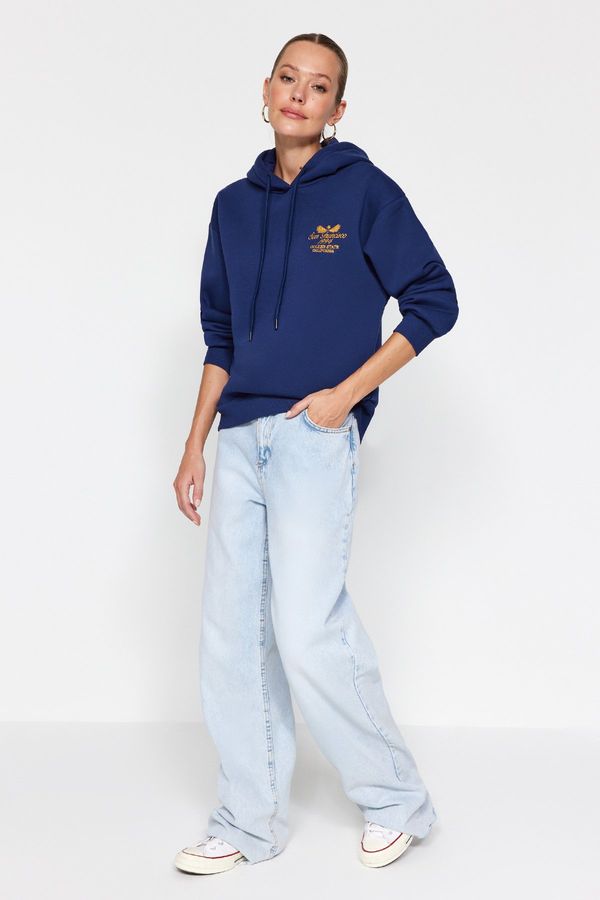 Trendyol Trendyol Navy Blue Regular/Normal Fit Embroidered Hooded Fleece Inside Knitted Sweatshirt