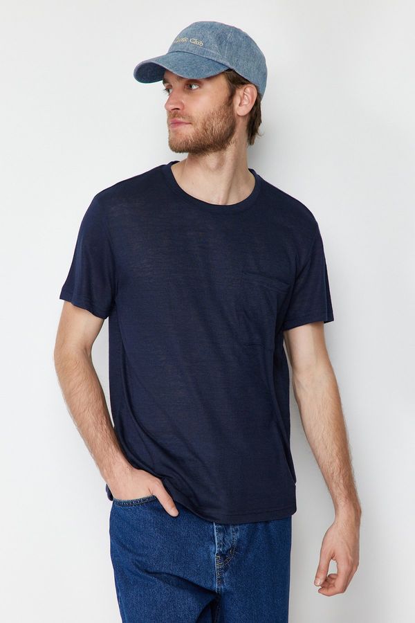 Trendyol Trendyol Navy Blue Regular/Normal Fit Pocket Linen Look Short Sleeve T-Shirt