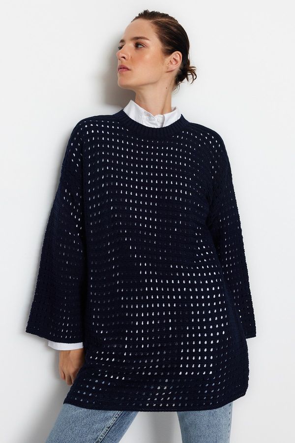 Trendyol Trendyol Navy Blue Relaxed Cut Openwork/Hole Knitted Sweater