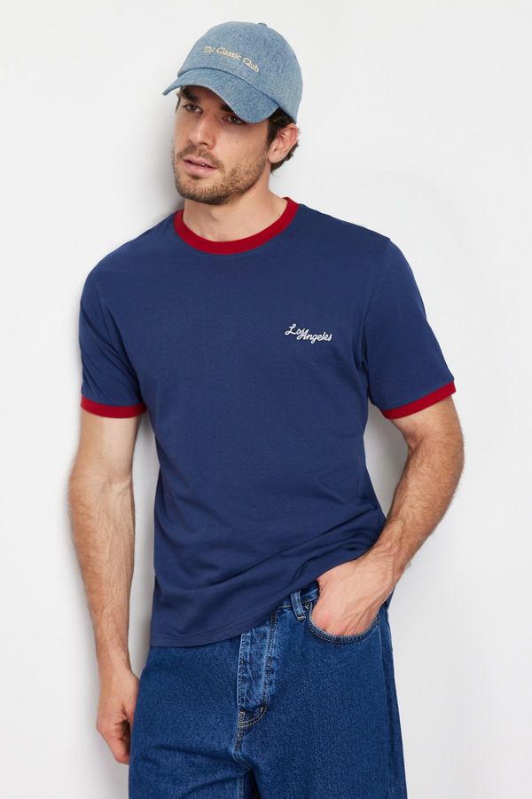 Trendyol Trendyol Navy Blue Relaxed/Comfortable Fit Printed Color Block 100% Cotton T-Shirt