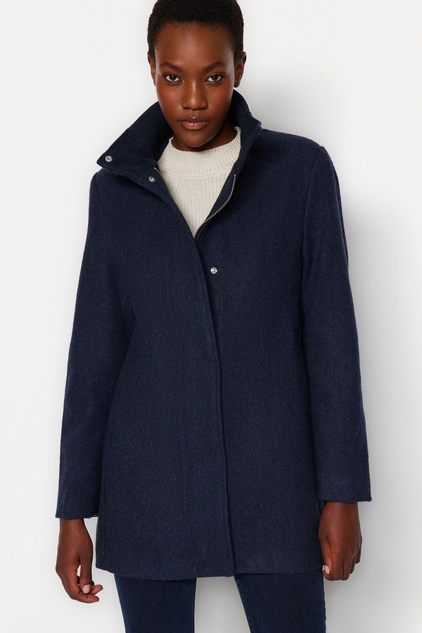 Trendyol Trendyol Navy Blue Ribbed Collar Detailed Wool Cachet Coat