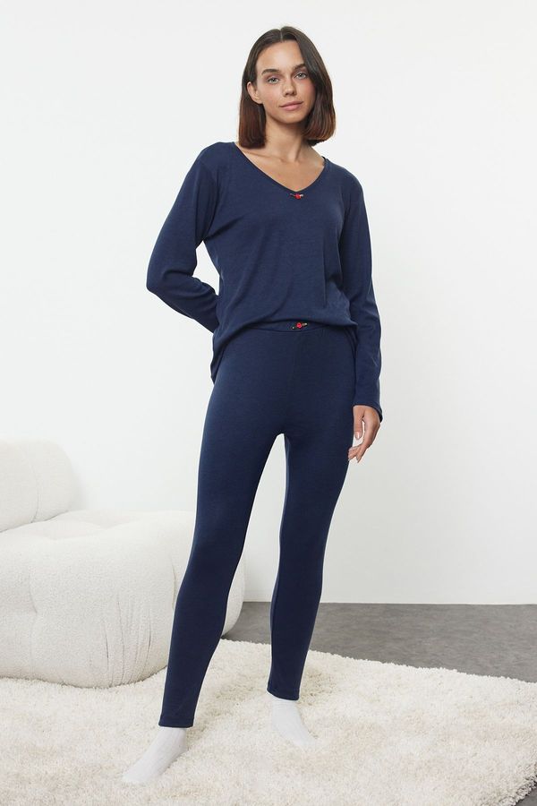 Trendyol Trendyol Navy Blue Rose Accessory Ribbed Knitted Pajama Set