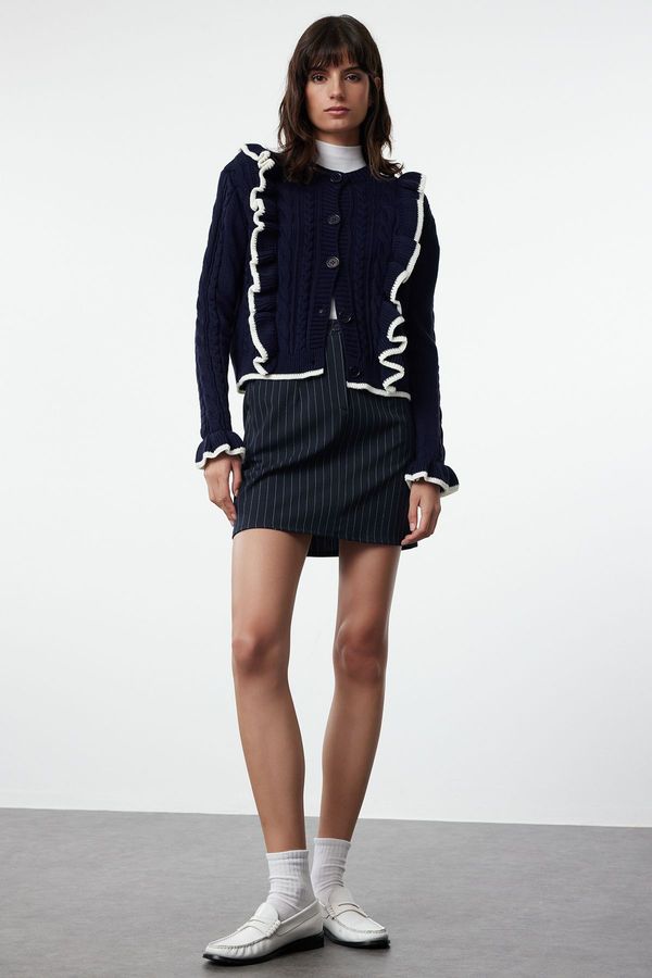 Trendyol Trendyol Navy Blue Ruffle Detailed Crew Neck Knitwear Cardigan