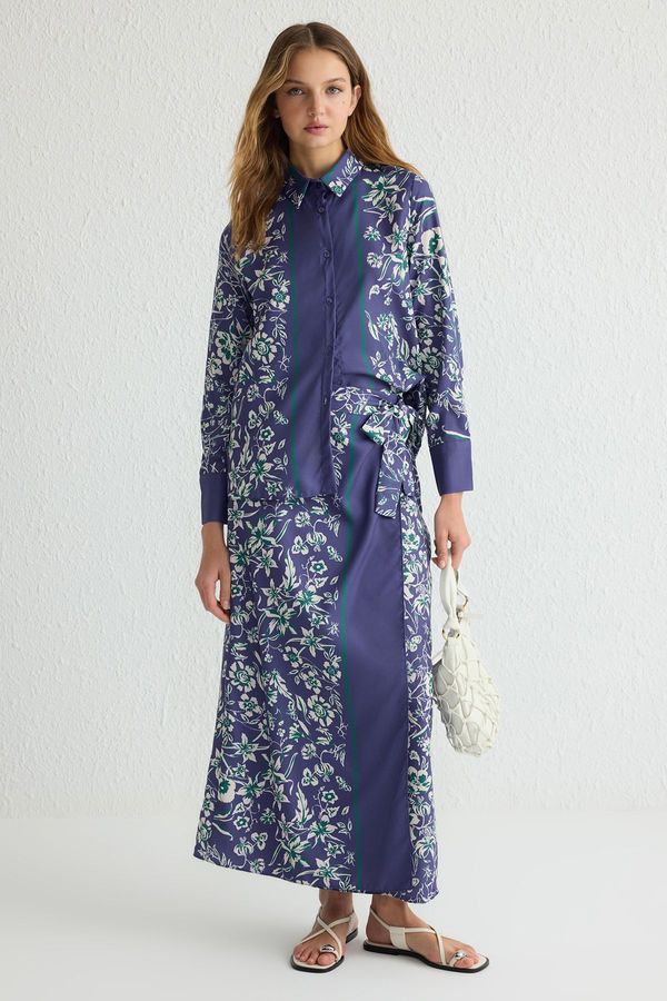 Trendyol Trendyol Navy Blue Shirt Collar Floral Woven Upper-Lower Team
