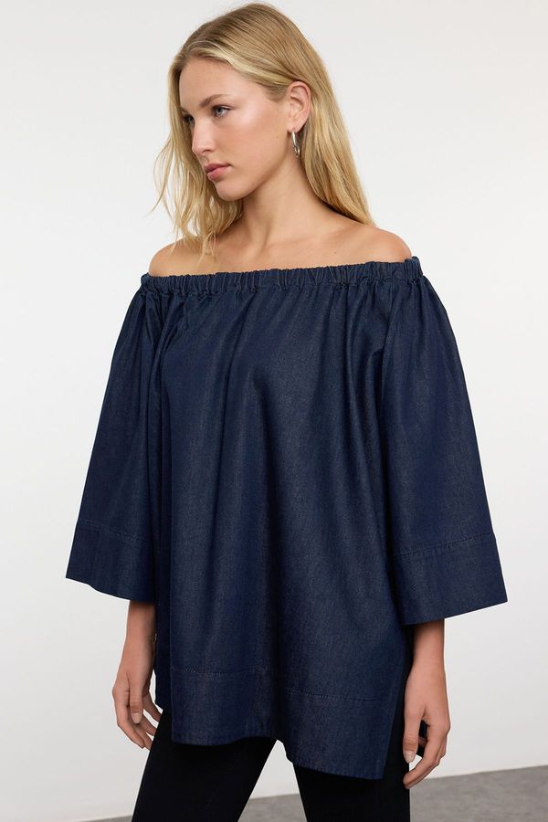 Trendyol Trendyol Navy Blue Shoulder Detailed Oversize Denim Blouse