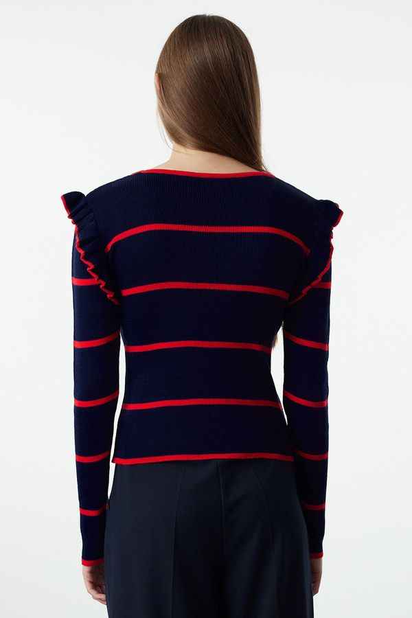 Trendyol Trendyol Navy Blue Shoulder Flounce Striped Knitwear Sweater