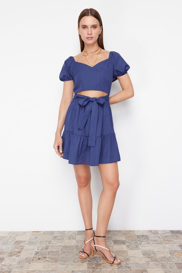 Trendyol Trendyol Navy Blue Skater/Waist Opening Window/Cut Out Detailed Checkered Super Mini Woven Dress