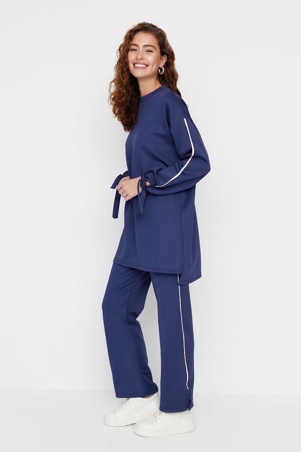 Trendyol Trendyol Navy Blue Sleeve Detailed Striped Scuba Knitted Tracksuit Set