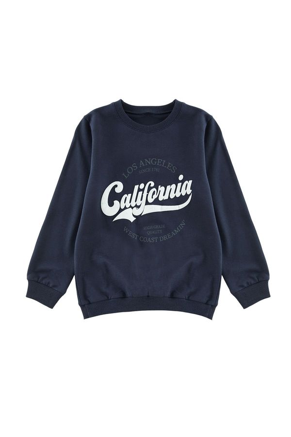 Trendyol Trendyol Navy Blue Slogan Printed Cotton Knitted Sweatshirt