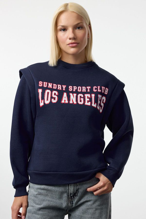 Trendyol Trendyol Navy Blue Slogan Printed Oversize/Wide Pattern Thick Polar Fleece Knitted Sweatshirt