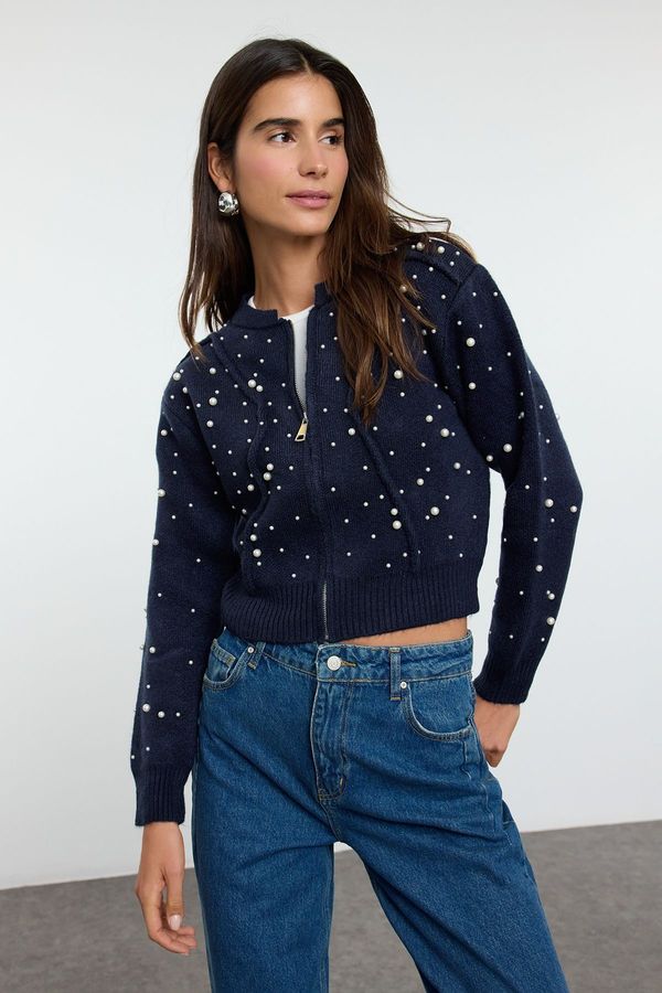 Trendyol Trendyol Navy Blue Soft Texture Zippered Stone Embroidered Coat Look Knitwear Cardigan