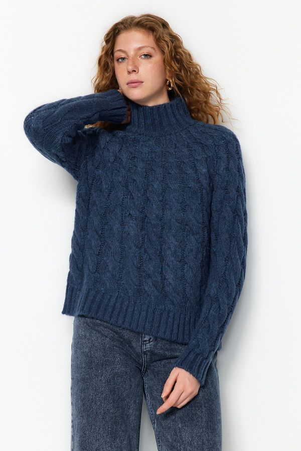 Trendyol Trendyol Navy Blue Soft Textured Hair Braided Knitwear Sweater