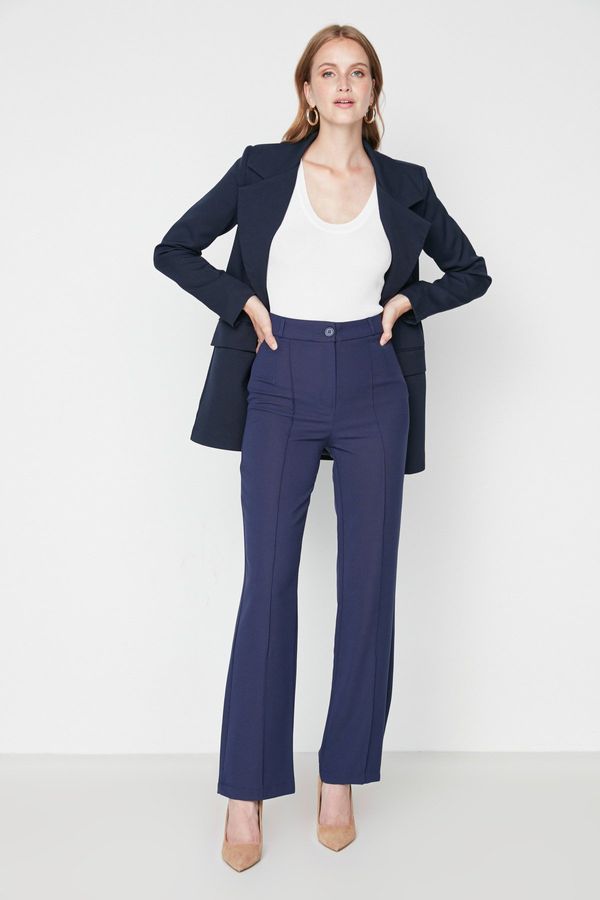 Trendyol Trendyol Navy Blue Straight Cut High Waist Ribbed Stitched Woven Trousers