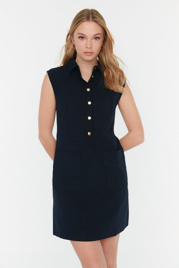 Trendyol Trendyol Navy Blue Straight Cut Pocketed Shirt Collar Mini Woven Linen Look Dress
