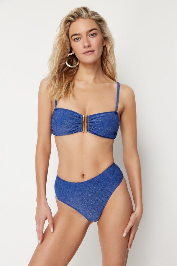 Trendyol Trendyol Navy Blue Strapless Accessorized Silvery High Waist High Leg Brazilian Bikini Set
