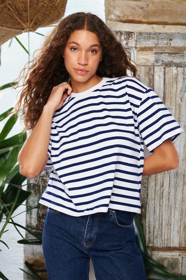 Trendyol Trendyol Navy Blue Striped 100% Cotton Asymmetrical Loose/Relaxed Cut Knitted T-Shirt