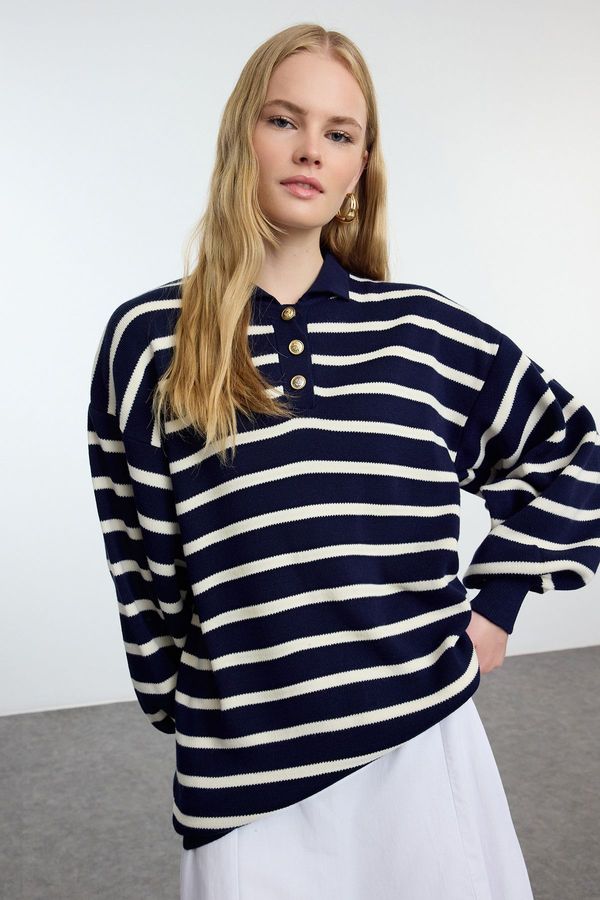 Trendyol Trendyol Navy Blue Striped Balloon Sleeve Polo Neck Knitwear Sweater