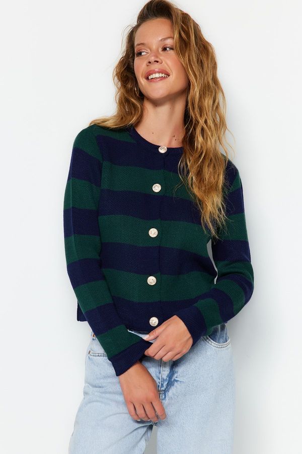 Trendyol Trendyol Navy Blue Striped Basic Jacket-Look Knitwear Cardigan