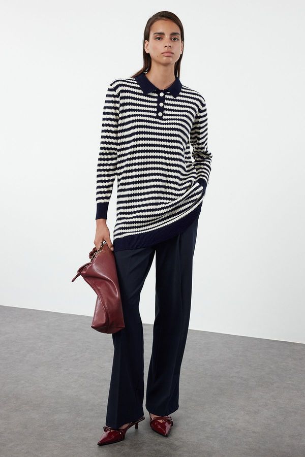 Trendyol Trendyol Navy Blue Striped Button Detailed Knitwear Sweater