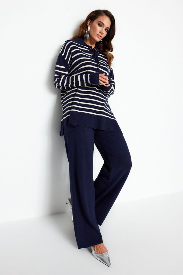 Trendyol Trendyol Navy Blue Striped Collar Tie Detail Sweater-Trousers Knitwear Two Piece Set