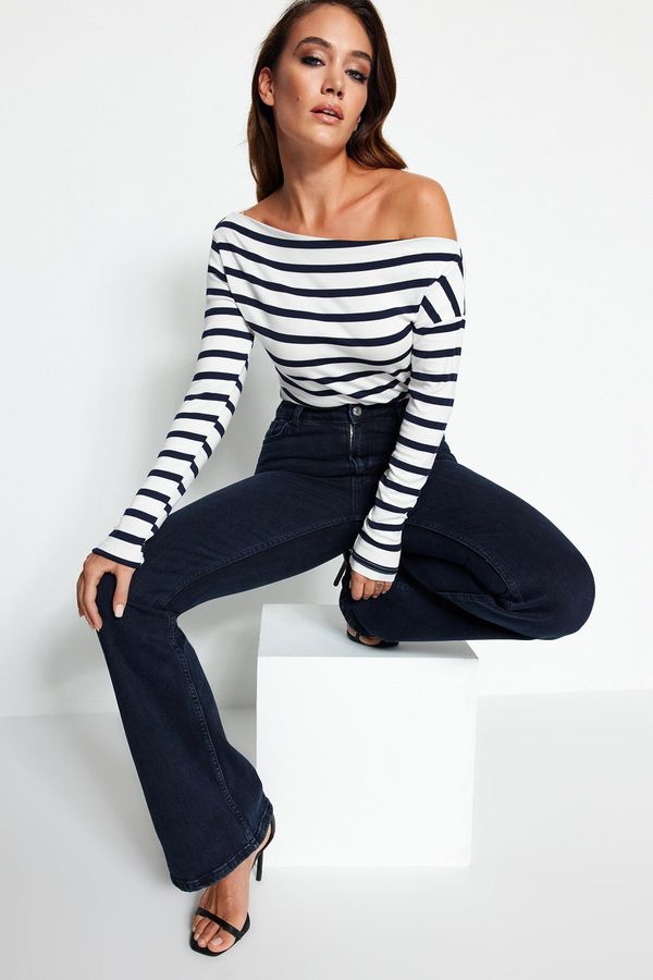 Trendyol Trendyol Navy Blue Striped Premium Soft Fabric Fitted Boat Neck Knitted Blouse