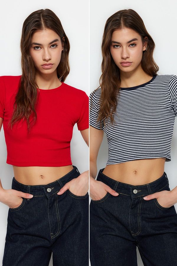 Trendyol Trendyol Navy Blue Striped-Red Plain 2-Pack Fitted/Simple Crop Corduroy Knit Blouse
