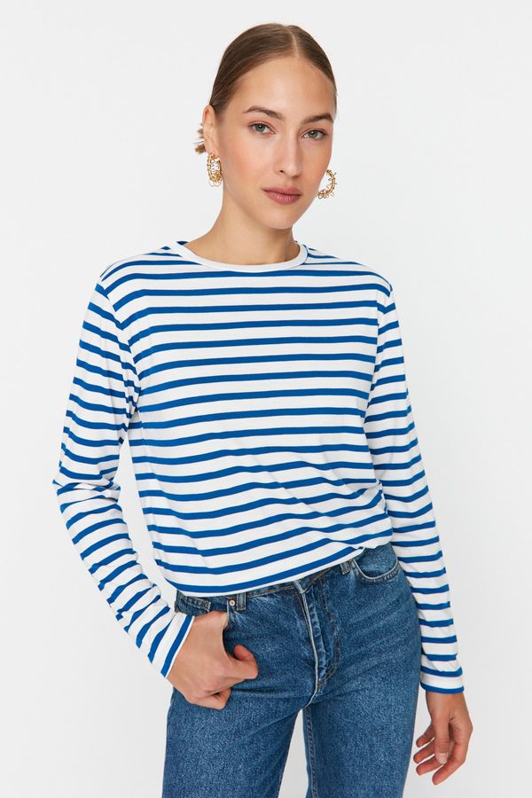 Trendyol Trendyol Navy Blue Striped Regular/Normal Pattern Basic Crew Neck Knitted T-Shirt