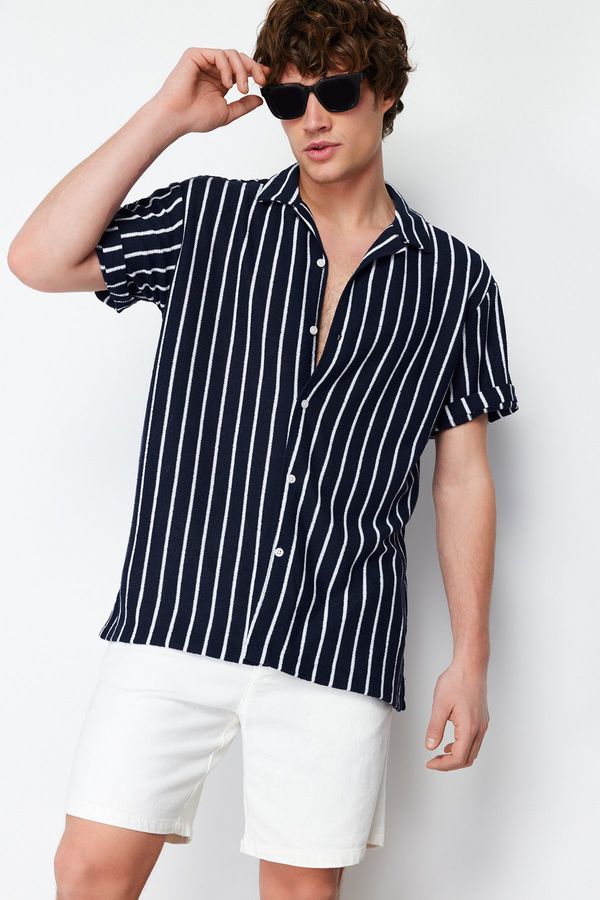 Trendyol Trendyol Navy Blue Striped Relaxed Fit Knitwear Appearance Collar Shirt