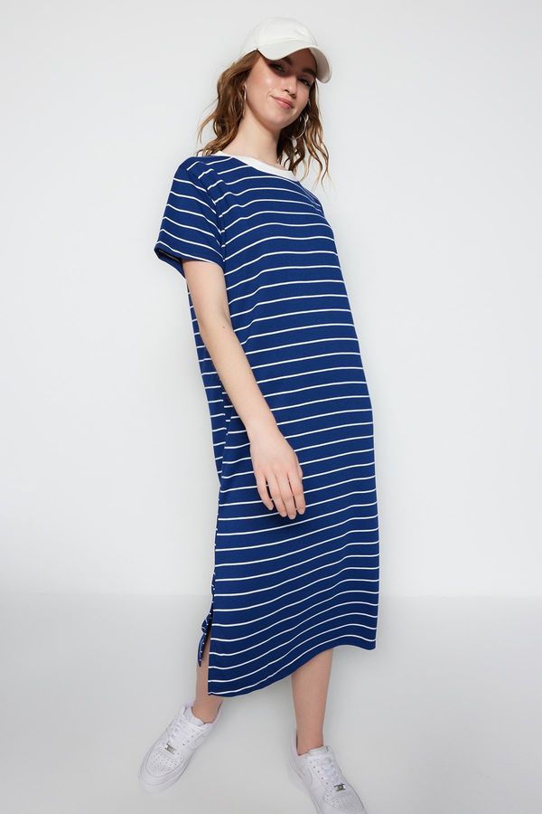Trendyol Trendyol Navy Blue Striped Shift/Plain Maxi Knit Dress with Slit Detail