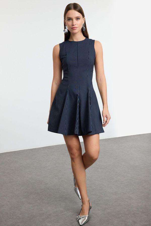 Trendyol Trendyol Navy Blue Striped Skirt Waist Opening Crew Neck Mini Polyviscon Woven Dress