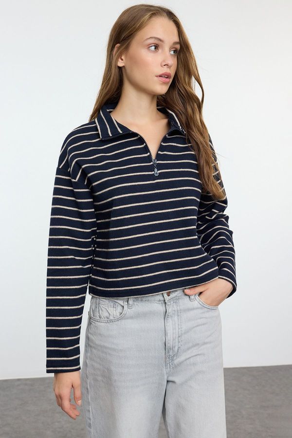 Trendyol Trendyol Navy Blue Striped Thessaloniki Zippered Stand Collar Regular/Normal Fit Knitted Sweatshirt