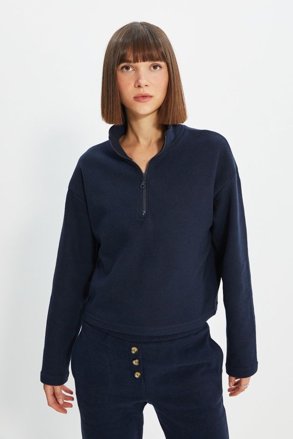 Trendyol Trendyol Navy Blue Thessaloniki/Knitwear Look Zippered Collar Regular/Regular Fit Knitted Sweatshirt