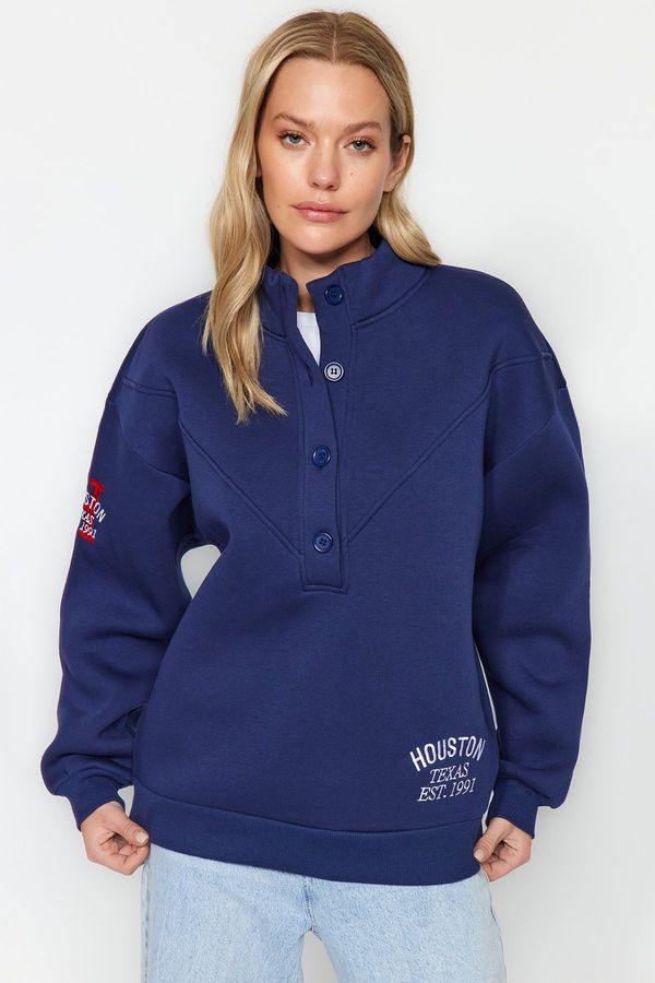 Trendyol Trendyol Navy Blue Thick Fleece Embroidery and Button Detail High Neck Oversize Knitted Sweatshirt