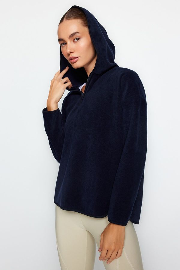 Trendyol Trendyol Navy Blue Thick Fleece Hooded and Zippered Oversized/Wide Knitted Sweatshirt