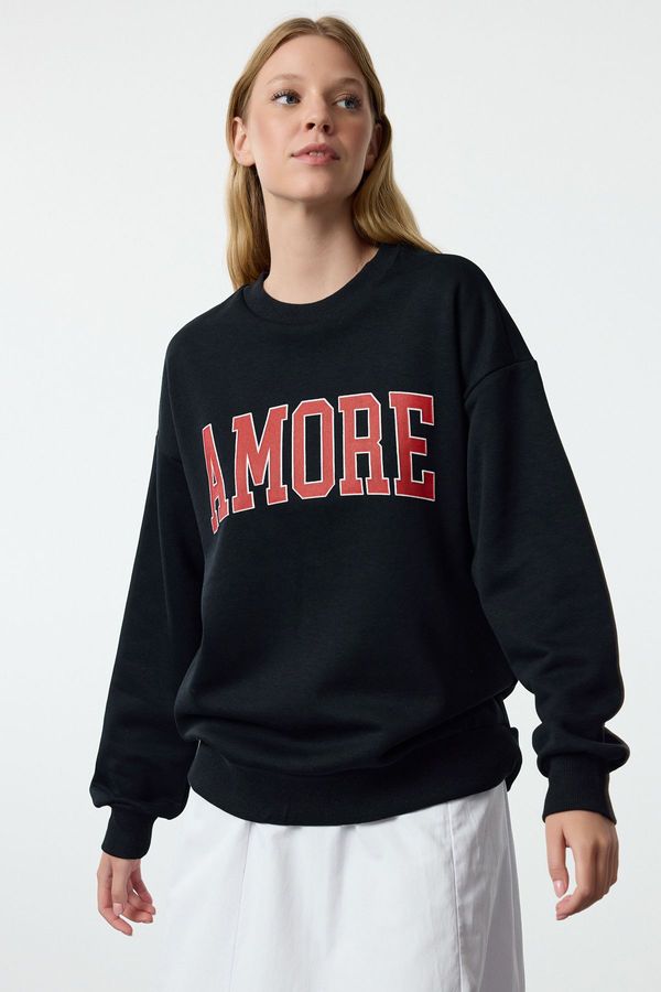 Trendyol Trendyol Navy Blue Thick Fleece Inside Oversize/Wide Cut Slogan Embroidered Knitted Sweatshirt