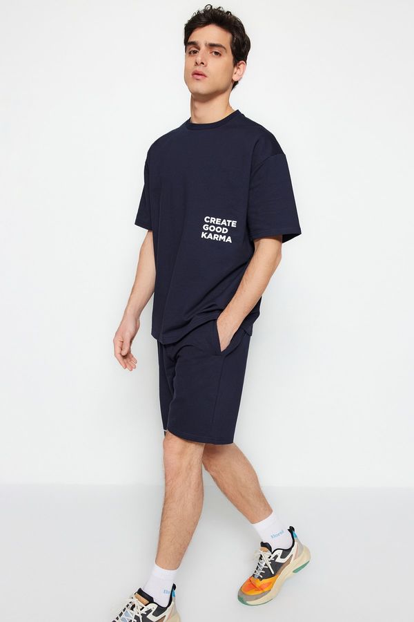 Trendyol Trendyol Navy Blue Tracksuit Set Relaxed/Comfortable Cut Text Printed Cotton