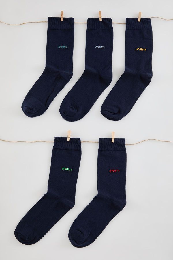 Trendyol Trendyol Navy Blue Unisex 5 Pack Car Embroidered Cotton Sock-Long Socks