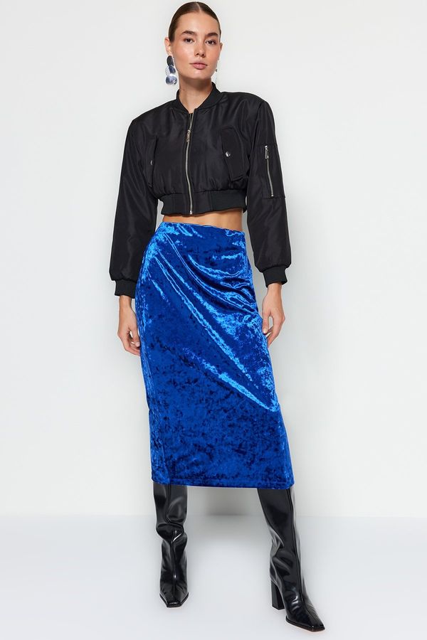 Trendyol Trendyol Navy Blue Velvet High Waist Pencil Midi Knitted Skirt