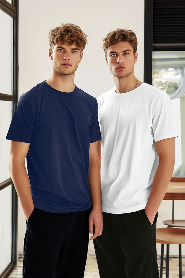 Trendyol Trendyol Navy Blue-White Basic Slim Fit/Slim Cut 100% Cotton 2-Pack Short Sleeve T-Shirt