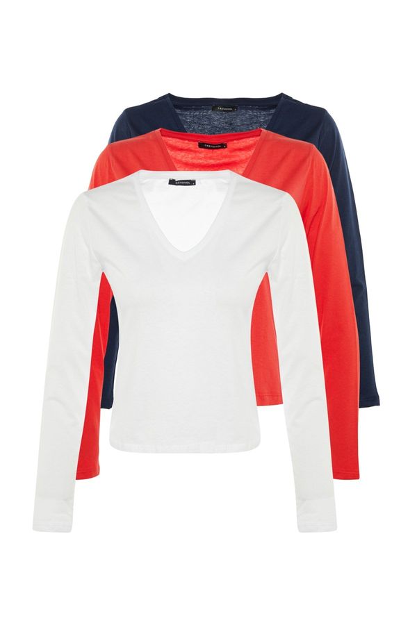 Trendyol Trendyol Navy Blue-White-Red 100% Cotton 3-Pack Basic V-Neck Knitted T-Shirt