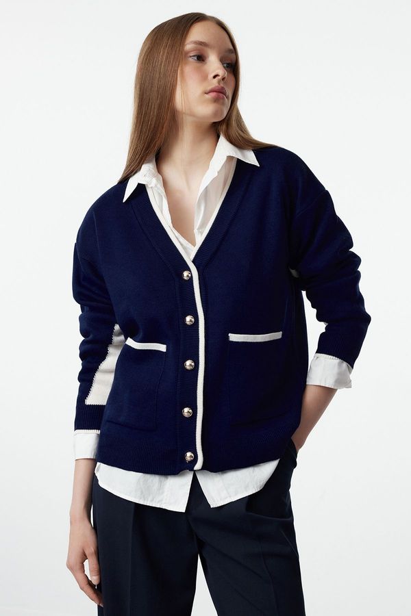 Trendyol Trendyol Navy Blue Wide Cut Color Block Wide Cut Knit Cardigan