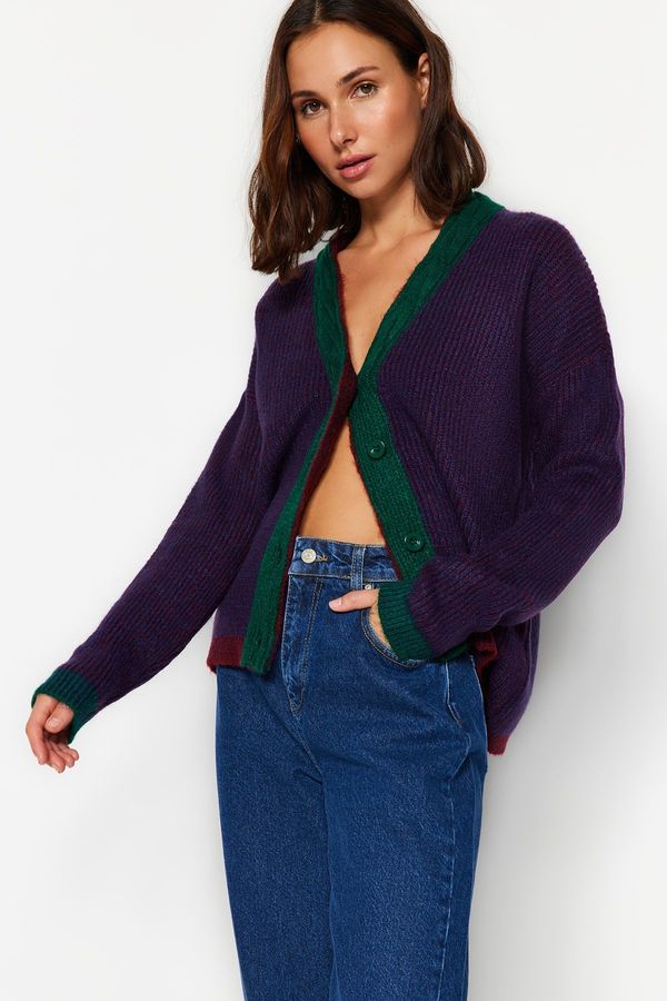 Trendyol Trendyol Navy Blue Wide fit Soft Textured Color Block Knitwear Cardigan