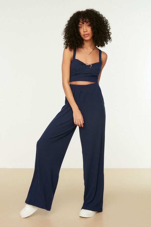 Trendyol Trendyol Navy Blue Wide Leg/Casual Fit High Waist Corduroy Stretchy Knit Trousers