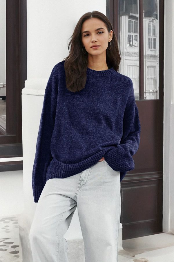 Trendyol Trendyol Navy Blue Wide Pattern Crew Neck Knitwear Sweater