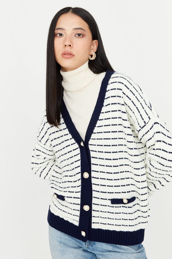 Trendyol Trendyol Navy Blue Wide Pattern Striped Knitwear Cardigan