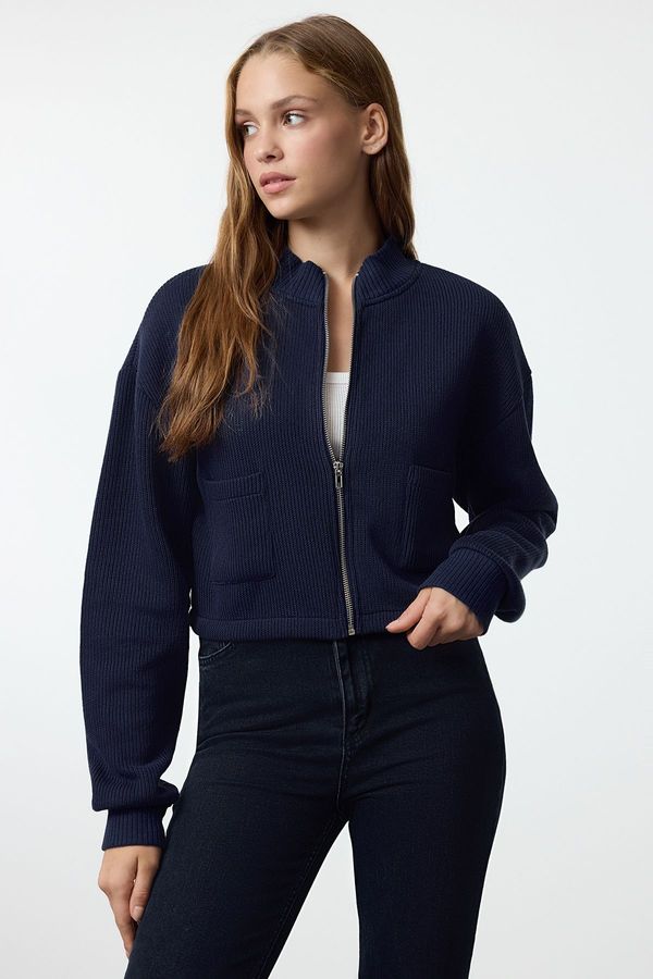 Trendyol Trendyol Navy Blue Zipper Collar Pocket Detailed Regular/Normal Fit Crop/Short Jacket