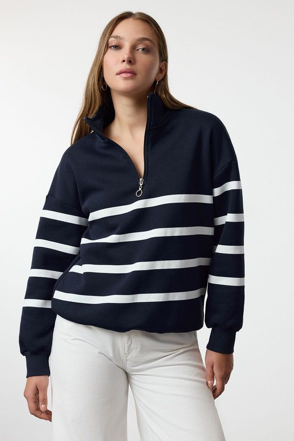 Trendyol Trendyol Navy Blue Zipper Detailed Striped Regular/Normal Pattern Knitted Sweatshirt